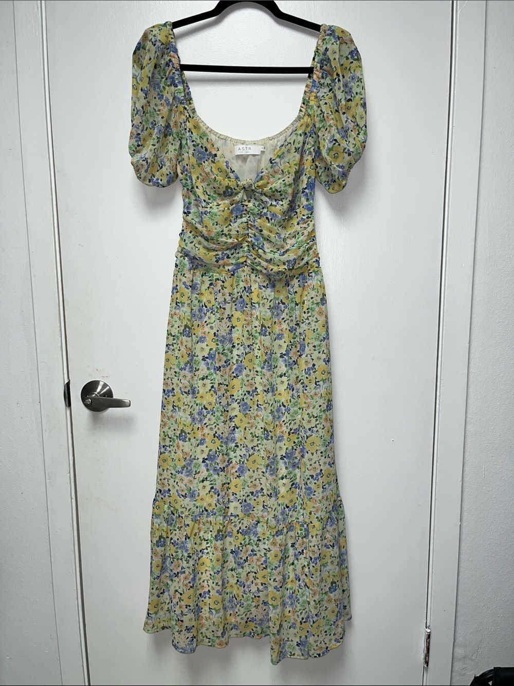 Astr Yellow Floral Puff-Sleeve Maxi Dress with Blue & Green Blooms - Picture 1 of 4